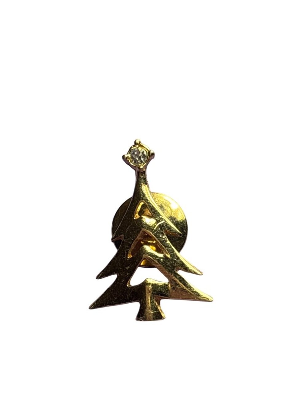 Vintage Avon Goldtone Christmas Tree Lapel Tack Pin Clear Rhinestone 1 inch